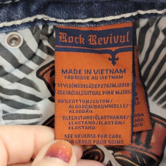 Rock Revival Vitual Pink Mid Rise Straight Patch Distressed Medium Wash Jeans 27 - Picture 16 of 16